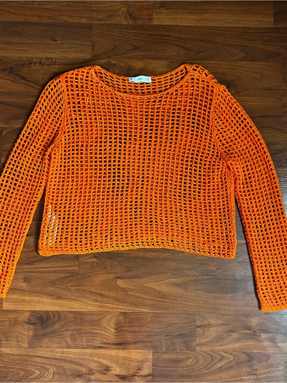 MANGO Vibrant Orange Open-Knit Long Sleeve Sweater